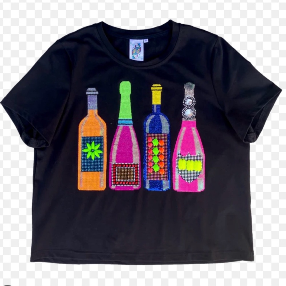 Queen Of Sparkles Neon Bottles Short Sleeve Graphic Tee Black Womens Size S EUC
